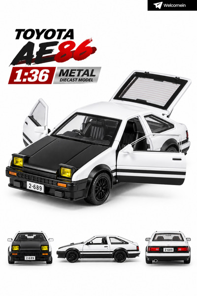 welcomein 1:36 Beyaz AE86 Metal Diecast Çek Bırak Oyuncak Siyah Araba Açılabi...