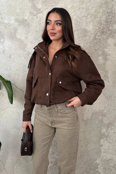 bysocafashion Women's Brown Short Mock Neck Jacket