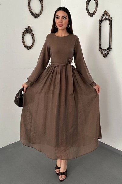 bysocafashion فستان نسائي من قماش الليوسيل، بلون بني، مزين بتفاصيل من الدانتي...