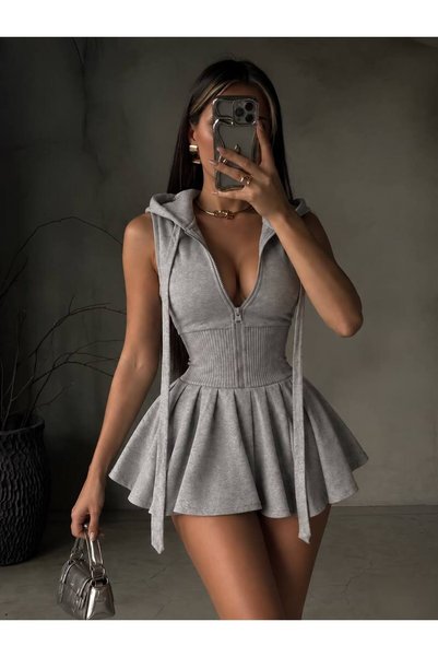 cuteliay butik 2 İplik Kapüşonlu Fermuarlı Mini Elbise