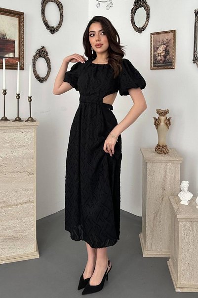 bysocafashion فستان نسائي أسود بأكمام منفوخة وحزام، مبطن من الداخل، مصنوع من ...