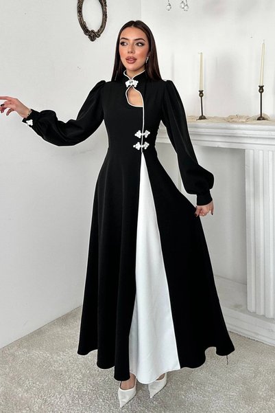 bysocafashion فستان نسائي أسود مزين بأزرار صينية ومصنوع من قماش ليكرا.