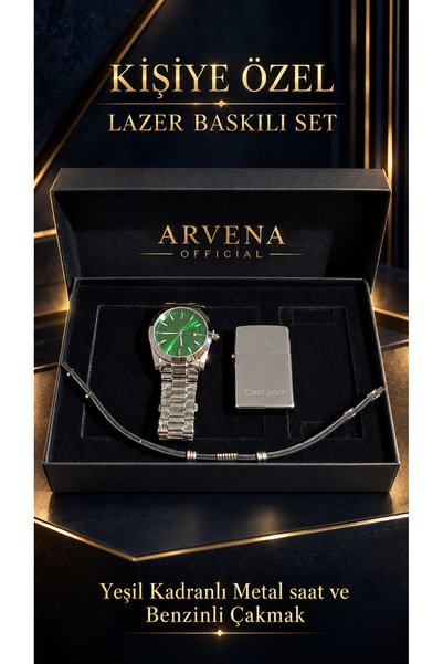 ROLE MODEL Kişiye Özel Gümüş Kadranlı Metal Saat Siyah Çakmak ve Bileklik Hed...