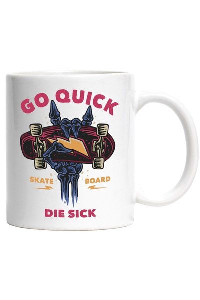 INOVATIX Cana personalizată albă, Go Quick Die Sick, Mana, Schelet, Skateboar...