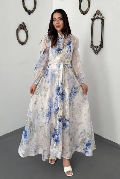 bysocafashion Women's Blue Floral Print Rhinestone Dress