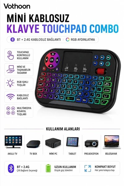 Rgb Işıklı Mini Kablosuz Klavye Touchpad Combo, Bluetooth Ve 2. 4g Smart Tv Kumandası