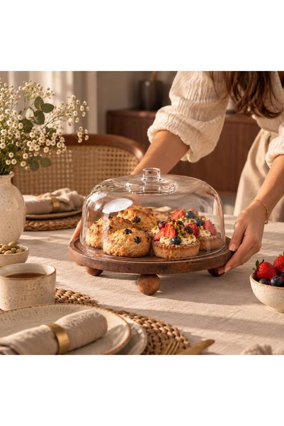Rabo Craft Large Round Wooden Stand with Base, Cake Display Dome and Serving ...