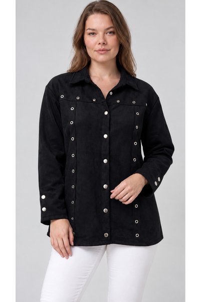 EtkiModa Women's Black Suede Jacket with Bird's-Eye Detail and Shirt Collar