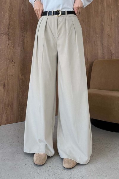 Şule Giyim Pleated Belted Pants in Stone