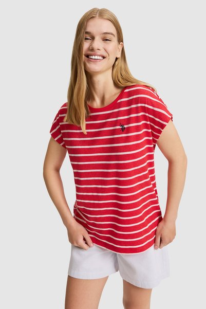 U.S. Polo Assn. Women's Red Crew Neck Comfort Fit Striped T-Shirt 50322076-VR171