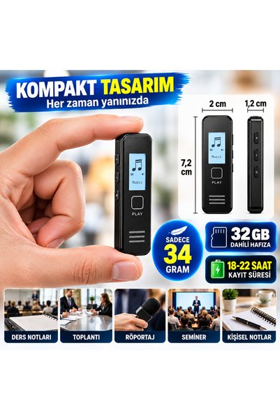 AteşTech Dijital Mini Ekranlı 32 GB Ses Kayıt Cihazı MP3 ÇALAR – Ders, Toplan...