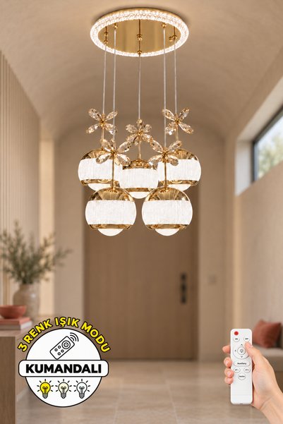 Dekorluna Hustin Sarkıt Kumandalı Gold 5'li Kristal Küre Sarkıt Avize 3 Renk ...