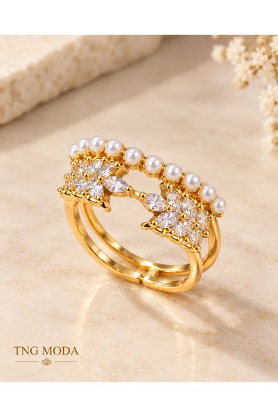 MODA MANANI Gold-Colored Adjustable Women's Ring with Pearl and Zircon Stone ...