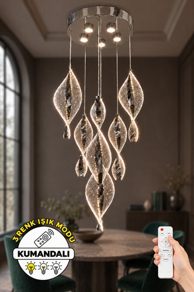 Dekorluna Vonder Kumandalı Krom 6'lı Spiral Kristal Sarkıt Avize 3 Renk Işık ...
