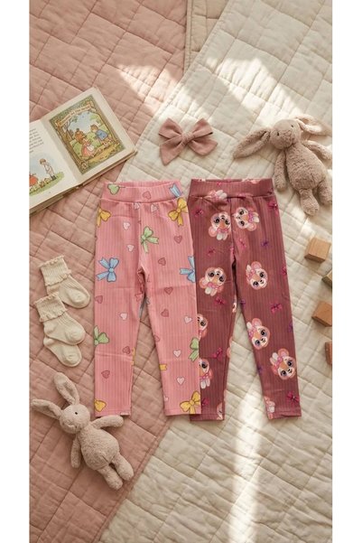 BOBSİ CO Girls' Corduroy 100% Cotton Patterned 2-Piece Leggings Set