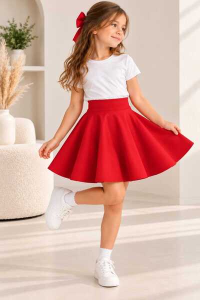 MODA İLEMA Girls' Red High-Waisted Flared Skirt – Made of Scuba Fabric, Relax...