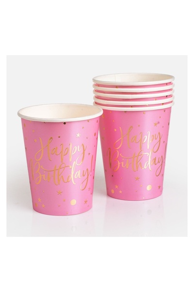 OEM Pahare Party de Hartie Roz Happy Birthday 240ml - 6 buc, pentru servire l...