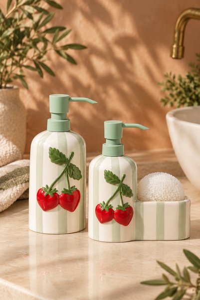 MİEN Süngerli Mutfak Banyo Sıvı Sabunluk Ve Limon Desenli 2'li Banyo Seti - Y...