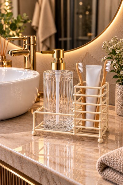 EVORRA LİVİNG Gold Pompalı Cam Sıvı Sabunluk ve Krem Metal Standlı Banyo Düzenleyici Set