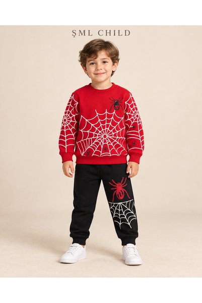 Örümcek Ağı Desenli Kırmızı-Siyah Erkek Çocuk 2'li Sweatshirt ve Eşofman Takımı Bu kişiliği beğeniyor musun?