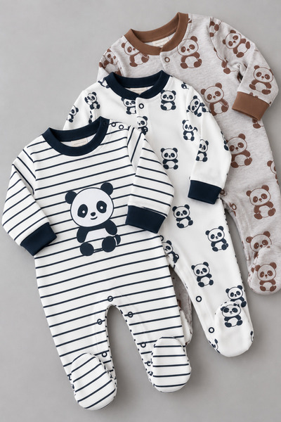 My Babies Label 3’lü Panda Desenli Organik Kumaş Patikli Bebek Tulum Seti 0-3 Ay