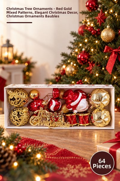 Yenilig 64 Christmas Tree Ornaments – Red and Gold Mixed Patterns, Elegant Ch...