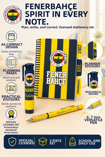 Fenerbahçe دفتر ملاحظات مربع ومخطط بتصميم حلزوني، مع مخطط A5، وقلم متعدد الاس...