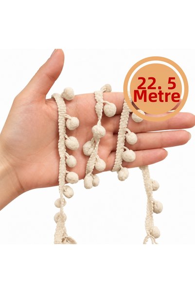 Renk İthalat Bandă cu pompoane, crem, 22,5 metri, 1,1 cm, pentru decorarea ma...
