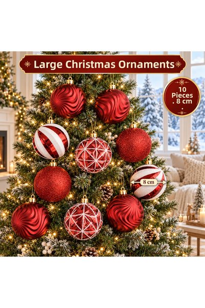 MUBX Set of 10 Large 8 cm Red and White Christmas Tree Ornaments—Glittery Chr...