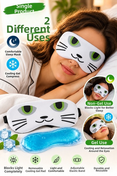 Binbirreyon Cat-Printed Eye Therapy Band with Removable Gel Pads, Eye Mask, H...