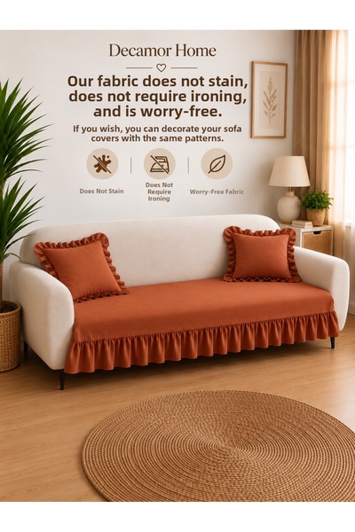 Decamor home Κάλυμμα καναπέ από ύφασμα με βολάν, χρώματος κεραμιδιού, χωρίς π...