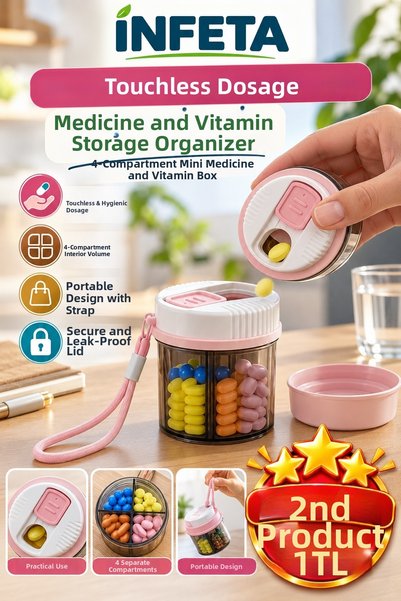 İnfeta 4-Compartment Contactless Dispensing Mini Pill and Vitamin Storage Box...