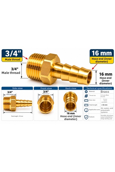 Generic Brand 3/4-Inch 16 mm Yellow Brass Male Hose Nipple – Serrated Hose Co...