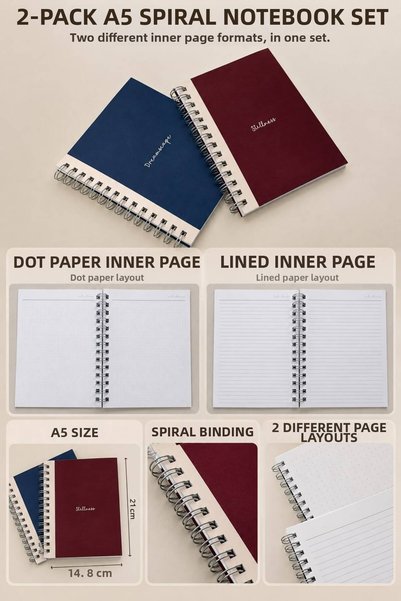 Nathy Notes A5 Spiral-Bound School Notebook, 80 Sheets, 2-Pack – Lined & Dotted