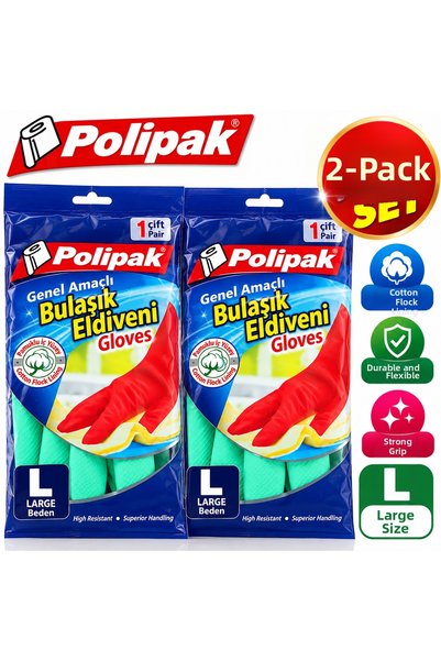 Polipak Dishwashing Gloves, Size L, 2-Pack, General-Purpose Cleaning Gloves