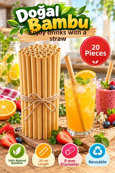OpenCity 20 قطعة من مصاصات الخيزران، مقاس 9 مم × 20 سم، مصاصات سميكة للعصائر،...