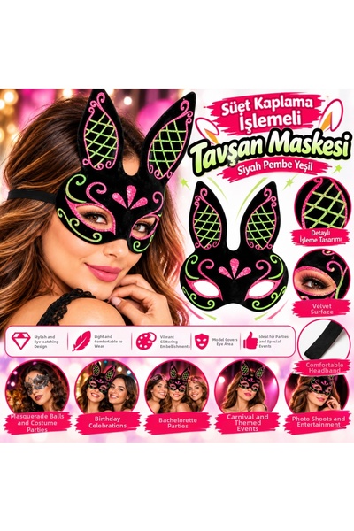 northcity n Embroidered Suede Rabbit Mask – Black, Pink, Green BX