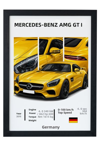gxe.art Poster cu design auto sport Mercedes-AMG GT Coupé galben, cu ramă nea...