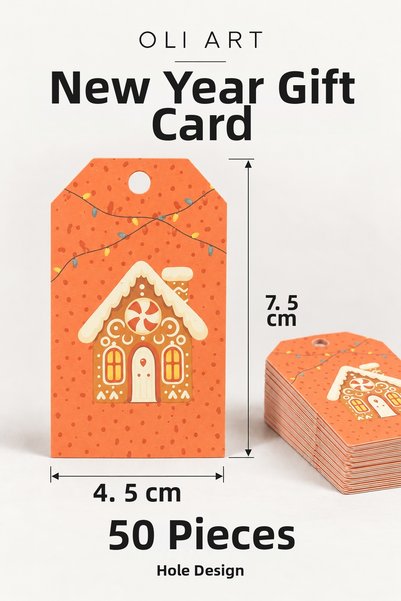 OLİ Art Orange Cookie House-Patterned Perforated New Year's Gift Cards, 50 Co...