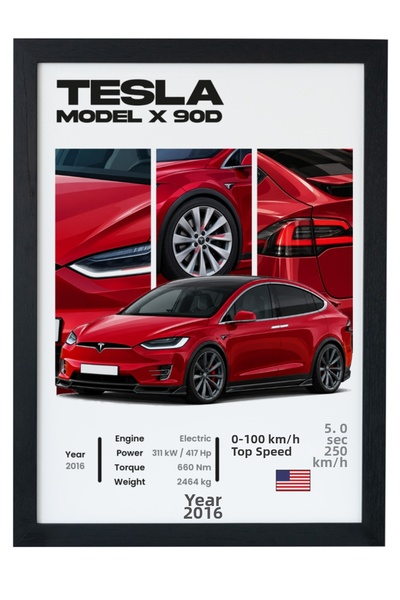 gxe.art Tesla Model X 90D SUV electric roșu, poster cu ramă neagră, decor de ...