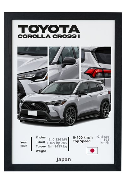 gxe.art Toyota Corolla Cross SUV compact alb, poster cu ramă neagră, decor de...