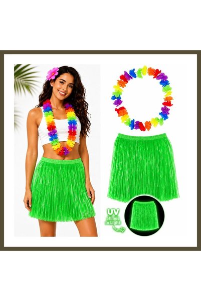 northcity n Neon Green Hawaiian Skirt, 40 cm, and Colorful Hawaiian Necklace BX
