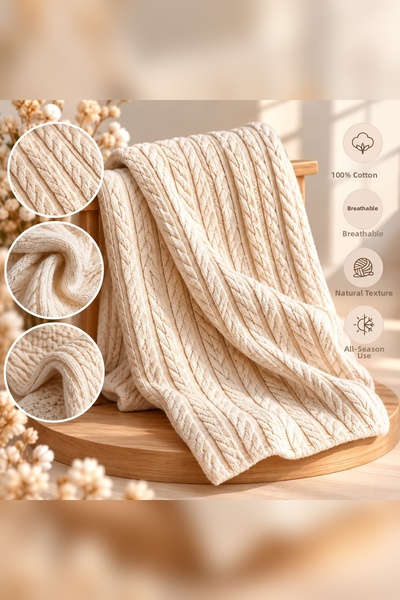 3Baby Braided Baby Blanket / Piqué Quilt, 100% Cotton - 110x110 cm, Cream