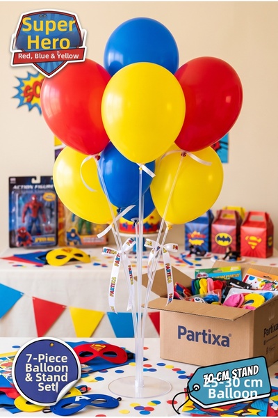 Partixa Superhero-Themed Balloon Stand Set: 70 cm Table Stand, 7 Latex Balloo...