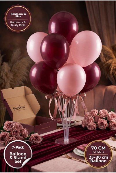 Partixa Burgundy and Dusty Pink Balloon Stand Set: 70 cm Table Stand with 7 L...