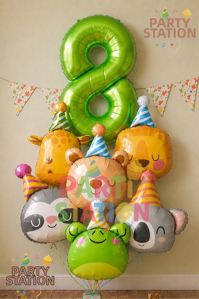 Parti Station Safari Animals Theme 8-Year-Old Green Balloon Set, 7-Piece Anim...