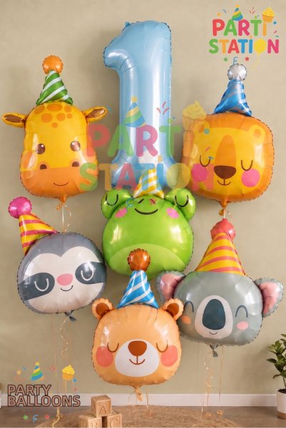 Parti Station Safari Animals Concept 1 Year Old Blue Balloon Set 7 Piece Anim...
