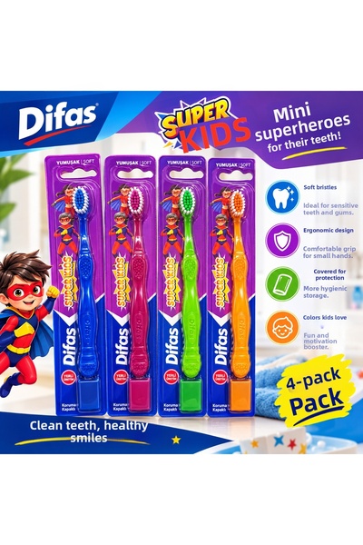Difaş Difas Super Kids Children's Toothbrush, Pack of 4, Soft Bristles, with ...
