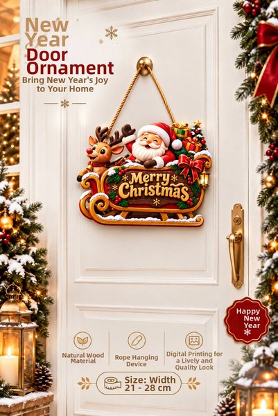 OKAVANGO Sleigh-Riding Santa Claus with Stars Wooden Christmas Door Ornament,...