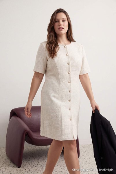 Trendyol Curve Rochie țesută ecru mărime mare TBBAW27AH00066